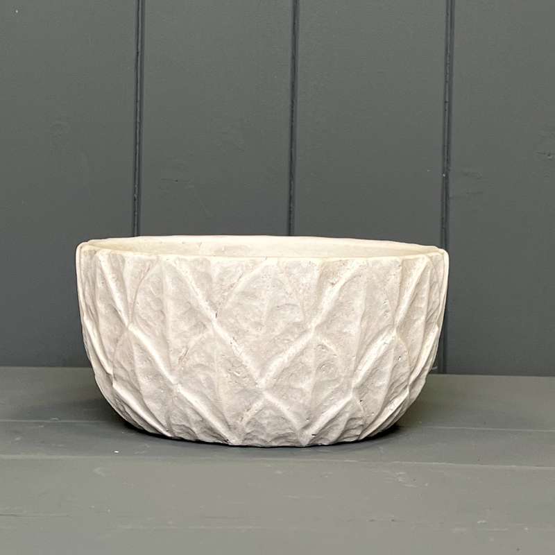 Round White Leaf Design Bowl Planter detail page